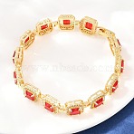 Square Brass Micro Pave Clear Cubic Zirconia and Glass Link Chain Bracelets, Long-Lasting Plated, Lead Free & Cadmium Free, Real 18K Gold Plated, Red, 7.76 inch(19.7cm)(BJEW-T025-04G-01)