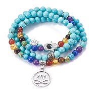 Synthetic Turquoise Wrap Bracelets, Four Loops, Stretch, Chakra Style, with Metal Pendants, 27.5 inch(20cm)(BJEW-I273-B01)