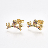 Brass Micro Pave Cubic Zirconia(Random Mixed Color) Ear Studs, with Ear Nuts, Golden, 8x15mm, Pin: 0.7mm(EJEW-S201-91)