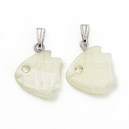 Natural Trochid Shell/Trochus Shell Pendants, Fish Charms, with Crystal Rhinestone and Platinum Tone Iron Findings, Seashell Color, 18x14x3.5mm, Hole: 6.5x2.5mm(SSHEL-K027-07)