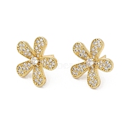 Flower Brass Micro Pave Cubic Zirconia Stud Earrings for Women, Real 18K Gold Plated, 18.5x19mm(EJEW-F316-13G)