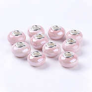 Handmade Porcelain European Beads, with Silver Color Brass Double Cores, Rondelle, Pink, 15x10~11mm, Hole: 5mm(OPDL-G001-8)