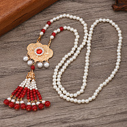 Ancient Style 6mm Imitation Pearl Round Beaded Alloy Cloud Pendant Hanfu Long Necklaces, Light Gold, Red, 29.53 inch(75cm)(UX7679-2)