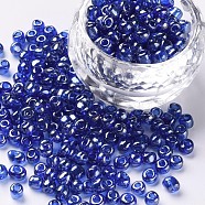 Glass Seed Beads, Trans. Colours Lustered, Round, Blue, 4mm, Hole: 1.5mm, about 4500pcs/pound(SEED-A006-4mm-108)