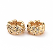 Brass Micro Pave Cubic Zirconia Spacer Beads, Flat Round with Flower, Golden, 9x4mm, Hole: 2mm(KK-A181-VF435-2)