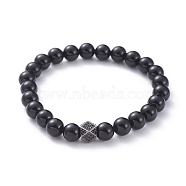Unisex Round Natural Black Agate Beaded Stretch Bracelets, with Brass Micro Pave Cubic Zirconia Beads, Gunmetal, 2-1/4 inch(5.6cm)(BJEW-JB04845-01)