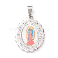 304 Stainless Steel Lady of Guadalupe Pendants, with Polymer Clay Rhinestones and Paper, Oval with Virgin Mary, Stainless Steel Color, 28x21x3mm, Hole: 4x6mm(STAS-G102-66P)