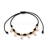 Adjustable Nylon Thread Braided Bracelets, with Natural Cultured Freshwater Pearl Beads and Brass Round Beads, Golden, Black, Inner Diameter: 1-1/8~4-1/2 inch(2.7~11.3cm)(X-BJEW-JB05804-02)