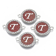 Alloy Enamel Links Connectors, with Crystal Rhinestones, Flat Round with Letter, Silver Color Plated, Letter.T, 22x16x2mm, Hole: 1.8mm(ENAM-TAC0003-01S-05T)