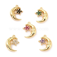 Brass Micro Pave Cubic Zirconia Pendants, The Direction of Product Is Left or Right(Random Delivery), Cadmium Free & Lead Free, Real 18K Gold Plated, Moon, Mixed Color, 17x12.5x4mm, Hole: 1.2mm(ZIRC-C027-11G-RS)