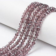 Electroplate Transparent Glass Beads Strands, Half Gray Plated, Faceted, Rondelle, Rosy Brown, 6x5mm, Hole: 1mm, about 85~88pcs/strand, 16.1~16.5 inch(41~42cm)(EGLA-A034-T6mm-E05)