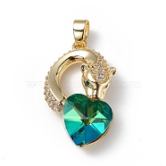 Real 18K Gold Plated Rack Plating Brass Micro Pave Clear Cubic Zirconia Pendants, with Glass, Long-Lasting Plated, Cadmium Free & Lead Free, Leopard with Heart Charm, Light Sea Green, 28.5x17.5x8mm, Hole: 5x3.2mm(KK-C015-12G-15)