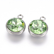 Glass Rhinestone Charms, with 304 Stainless Steel Findings, Faceted, Flat Round, Stainless Steel Color, Peridot, 14x10x7mm, Hole: 2.5mm(STAS-G082-15)