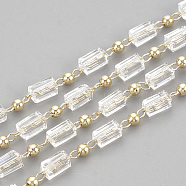 3.28 Feet Handmade Glass Beaded Chains, Soldered, with Spool, with Brass Findings, Faceted, Rectangle, Clear, Real 18K Gold Plated, 2.5mm(X-CHC-S004-05G)