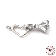 Rhodium Plated 925 Sterling Silver Fold Over Clasps, Long-Lasting Plated, Heart Bowknot with 925 Stamp, Real Platinum Plated, Heart: 14x8x2mm, Clasp: 16.5x5.5x7.5mm, Ring: 3x0.5mm, Inner diameter: 2mm(STER-D005-07P)