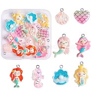 32Pcs 8 Styles Opaque & Transparent Resin Pendants, Mermaid Theme Charm, with Sequins and Platinum Tone Iron Loops, Mermaid & Shell & Heart, Mixed Shapes, Mixed Color, 18~28x14~19x4~6mm, Hole: 2mm, 4pcs/style(RESI-SZ0001-93)