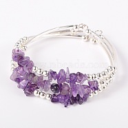 Gemstone Chip Bead Cuff Bracelets, with Brass Tube Beads and Iron Round Beads, Silver Color Plated, Amethyst, 50x55mm(BJEW-JB01607-02)
