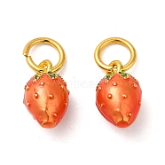 Brass Enamel Charms, with Jump Ring, Strawberry Charm, Real 14K Gold Plated, 11.5x6.5mm, Hole: 4mm(KK-Q793-10G)