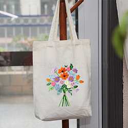 DIY Flower Bouquet Pattern Tote Bag Embroidery Kit, including Embroidery Needles & Thread, Cotton Fabric, Plastic Embroidery Hoop, White, 390x340mm(PW22121379364)