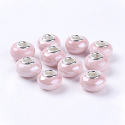 Handmade Porcelain European Beads, with Silver Color Brass Double Cores, Rondelle, Pink, 15x10~11mm, Hole: 5mm(OPDL-G001-8)