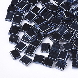 Electroplate Opaque Glass Seed Beads, 2-Hole, Rectangle, Hematite Plated, 5x4.5~5.5x2~2.5mm, Hole: 0.5~0.8mm(SEED-S023-20C-04)