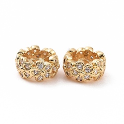 Brass Micro Pave Cubic Zirconia Spacer Beads, Flat Round with Flower, Golden, 9x4mm, Hole: 2mm(KK-A181-VF435-2)