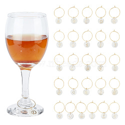 26Pcs 26 Style Natural Freshwater Shell & Brass Wine Glass Charms, with Brass Findings, Flat Round with Letter Pattern, Golden, 45mm, 26 style, 1pc/style, 26pcs/set(AJEW-AB00049)