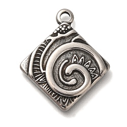 304 Stainless Steel Pendants, Rhombus with Vortex Charm, Antique Silver, 24x20.5x2mm, Hole: 2mm(STAS-P371-020AS)