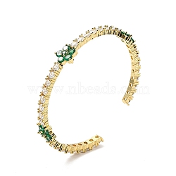 Cubic Zirconia Flower Open Cuff Bangles, Real 18K Gold Plated Brass Jewelry for Women, Green, Inner Diameter: 2-1/4 inch(5.7cm)(BJEW-P281-01G-03)