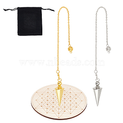 2 Sets Alloy Pendulum for Divination, Dowsing Wicca Balancing Pointed Cone Pendants, with 1Pc Wooden Carved Pendulum Boards & 1Pc Velvet Pouches, Platinum & Golden, Cone: 44x14.5mm, Hole: 3.7mm, Chain: about 190x2mm, 1 set/color(FIND-UN0001-39)