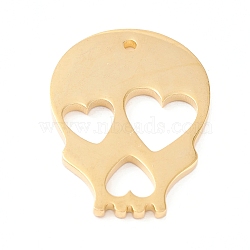 201 Stainless Steel Pendants, Manual Polishing, Skull with Heart Vacuum Plating , Real 18K Gold Plated, 21x16x1.5mm, Hole: 1.2mm(STAS-F231-065G)