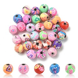 Handmade Polymer Clay Beads, Round with Flower Pattern, Mixed Color, 8mm(CLAY-YW0001-86)