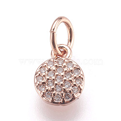 Brass Micro Pave Cubic Zirconia Charms, Lead Free & Cadmium Free, Flat Round, Rose Gold, 8x6x1.5mm, Hole: 3mm(ZIRC-E152-17RG-RS)