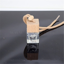 Empty Glass Perfume Bottle Pendants, Aromatherapy Fragrance Essential Oil Diffuser Bottle, with Coffee Color Cord, Car Hanging Decor, with Wood Lid, Square, 3.88x2.63cm(PW22121514254)