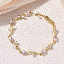 Brass Glass Flower Link Chain Bracelets, Rack Plating, Long-Lasting Plated, Lead Free & Cadmium Free, Real 18K Gold Plated, Pink, 8.11 inch(20.6cm)(KK-CBA7DFA-01G-04)