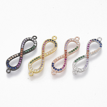 Brass Micro Pave Cubic ZirconiaLinks connectors, Infinity, Colorful, Mixed Color, 9x29.5x2.5mm, Hole: 1.2mm