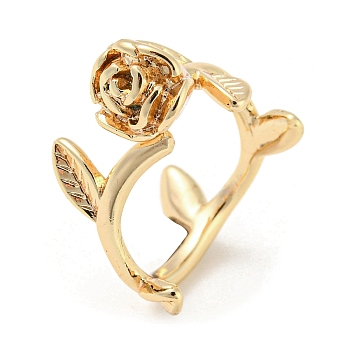 Brass Open Cuff Rings, Rose Flower, Real 18K Gold Plated, US Size 6(16.5mm)