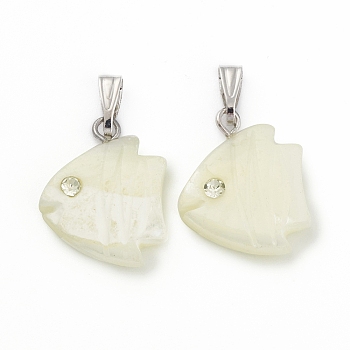 Natural Trochid Shell/Trochus Shell Pendants, Fish Charms, with Crystal Rhinestone and Platinum Tone Iron Findings, Seashell Color, 18x14x3.5mm, Hole: 6.5x2.5mm