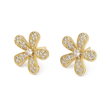 Flower Brass Micro Pave Cubic Zirconia Stud Earrings for Women, Real 18K Gold Plated, 18.5x19mm