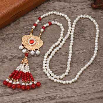 Ancient Style 6mm Imitation Pearl Round Beaded Alloy Cloud Pendant Hanfu Long Necklaces, Light Gold, Red, 29.53 inch(75cm)