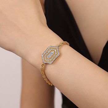Cubic Zirconia Hexagon Link Bracelet, with 304 Stainless Steel Chains, Golden, 7 inch(17.7cm)