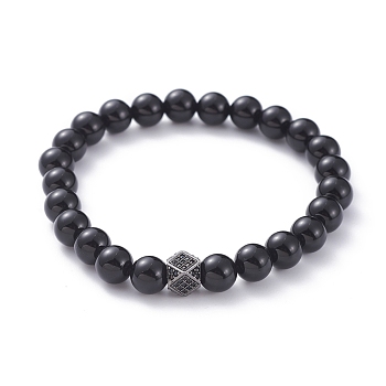 Unisex Round Natural Black Agate Beaded Stretch Bracelets, with Brass Micro Pave Cubic Zirconia Beads, Gunmetal, 2-1/4 inch(5.6cm)