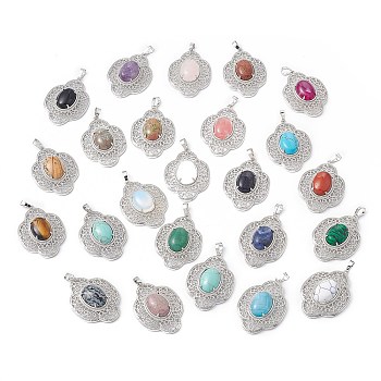 Natural & Synthetic Mixed Gemstone Pendants, Flower Charms, with Platinum Plated Brass Findings, 44x32x10mm, Hole: 8x5mm