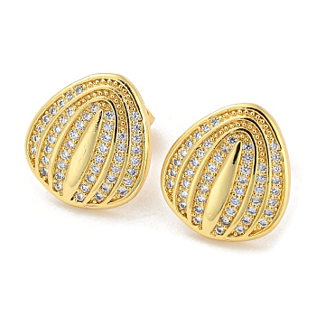 Brass Micro Pave Cubic Zirconia Stud Earrings, Teardrop, Real 16K Gold Plated, 13.5x12.5mm