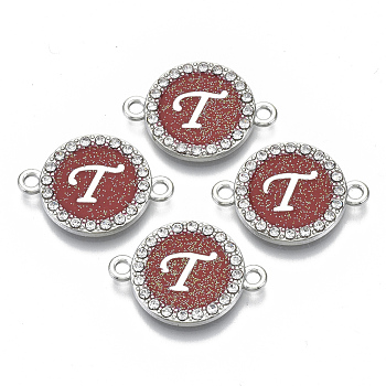 Alloy Enamel Links Connectors, with Crystal Rhinestones, Flat Round with Letter, Silver Color Plated, Letter.T, 22x16x2mm, Hole: 1.8mm