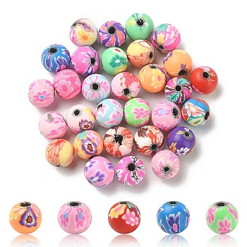 Handmade Polymer Clay Beads, Round with Flower Pattern, Mixed Color, 8mm