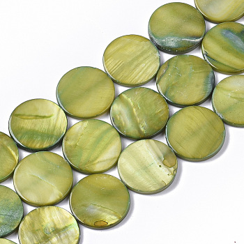 Freshwater Shell Beads Strands, Dyed, Flat Round, Olive, 19.5~20.5x2.5~3.5mm, Hole: 1mm, about 20pcs/Strand, 15.63 inch~16.02 inch