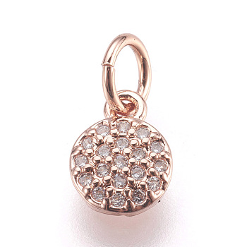 Brass Micro Pave Cubic Zirconia Charms, Lead Free & Cadmium Free, Flat Round, Rose Gold, 8x6x1.5mm, Hole: 3mm