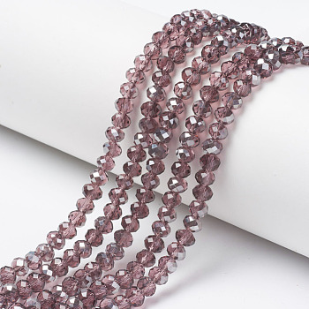 Electroplate Transparent Glass Beads Strands, Half Gray Plated, Faceted, Rondelle, Rosy Brown, 6x5mm, Hole: 1mm, about 85~88pcs/strand, 16.1~16.5 inch(41~42cm)