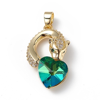Real 18K Gold Plated Rack Plating Brass Micro Pave Clear Cubic Zirconia Pendants, with Glass, Long-Lasting Plated, Cadmium Free & Lead Free, Leopard with Heart Charm, Light Sea Green, 28.5x17.5x8mm, Hole: 5x3.2mm
